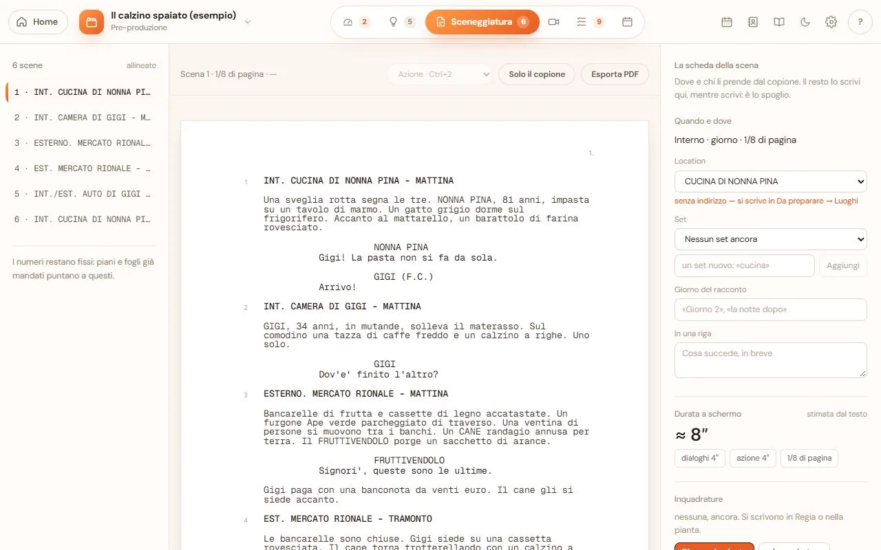 La sceneggiatura in RECmaker: a sinistra l’elenco delle scene, al centro il copione impaginato, a destra la scheda della scena con location, durata a schermo e inquadrature